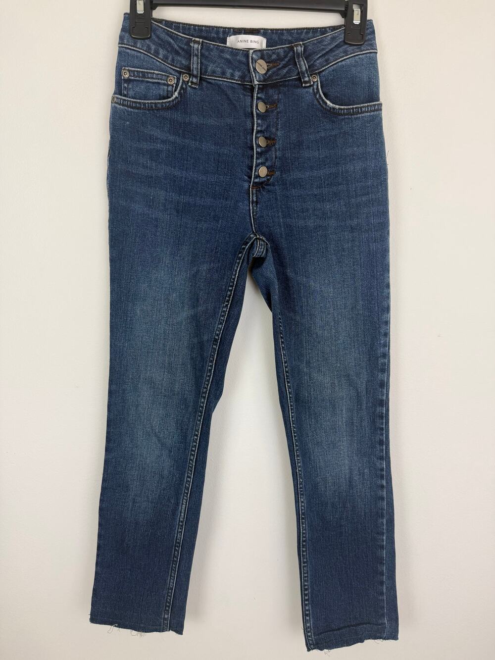 Anine Bing Womens Button Fly Raw Hem Denim Medium Wash Skinny Blue Jeans 26